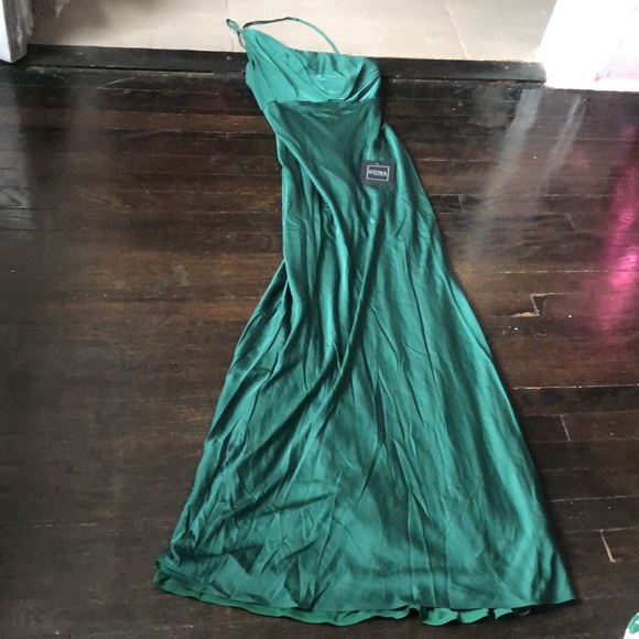 Ieena for Mac Duggal one shoulder satin gown emerald green festive  party 6 NWT - Picture 4 of 9